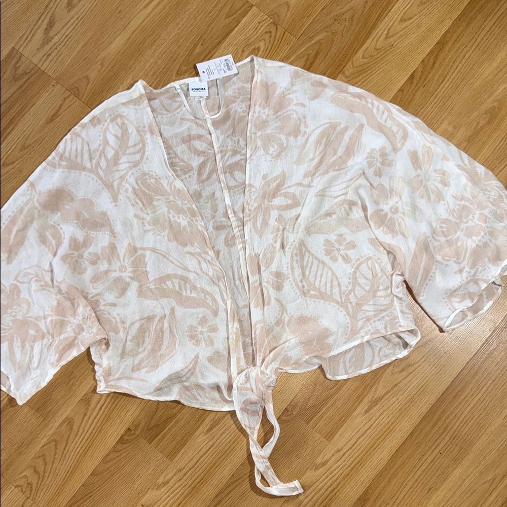 NWT Sonoma Goods For Life Washed Tie Front Topper Kimono Small White Tan OS